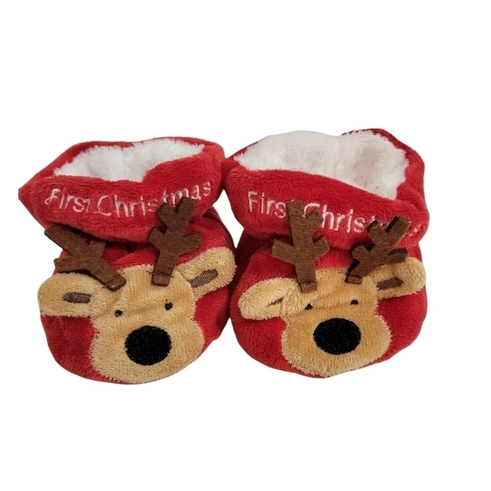 Baby's First Christmas Red Velour Reindeer Slippers Like New